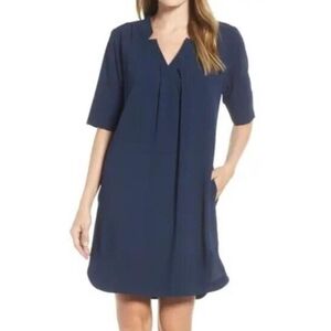 Bobeau Pleat Front Curved Hem Shirt Dress Size L Navy Blue Pockets Lagenlook
